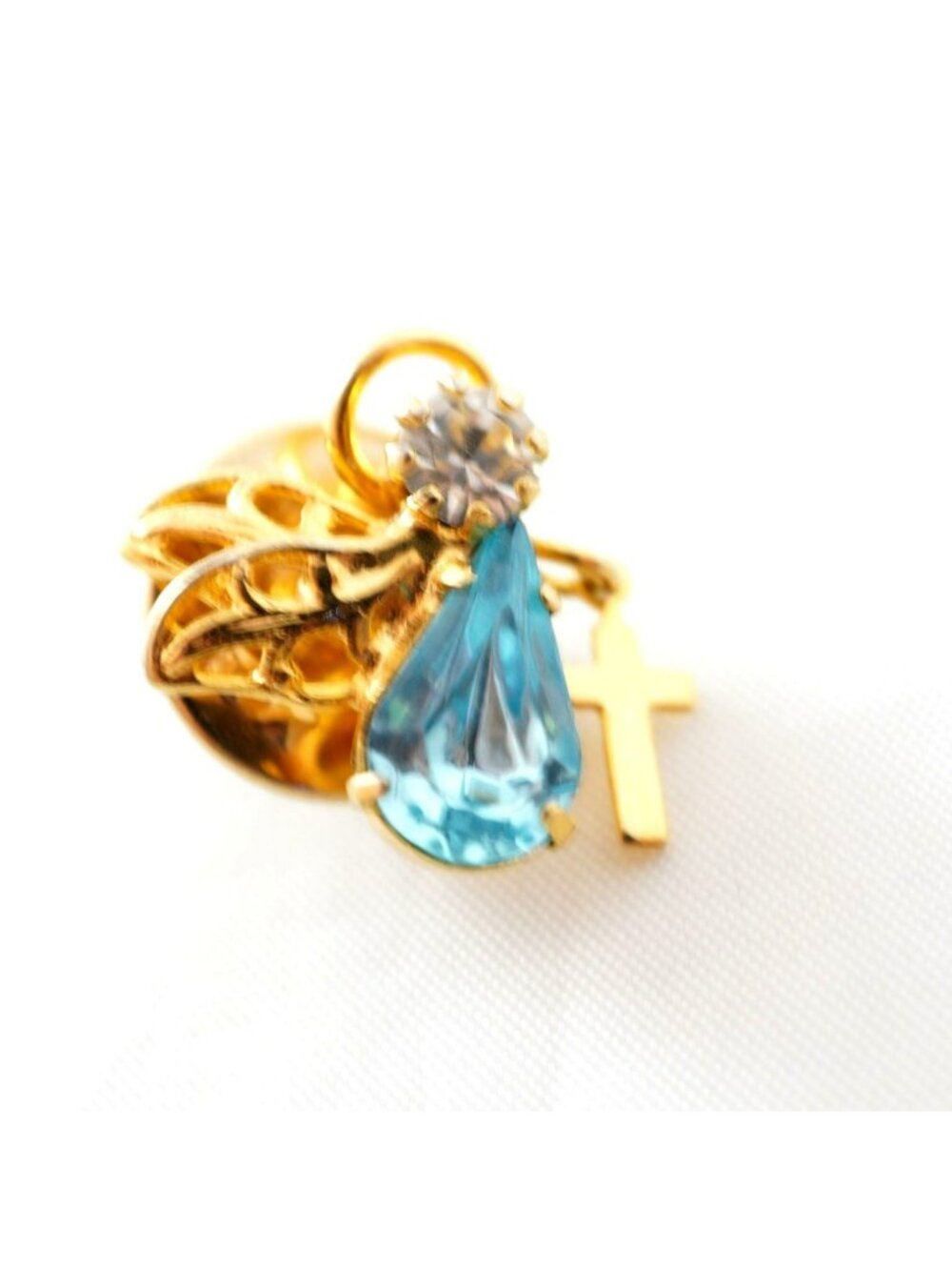 Gold-Tone Guardian Angel Lapel Pin Aqua Stone Cross Vintage Charm
